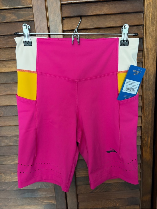 Brooks Pants - Brooks Women’s Bright Pink Bike Shorts with Yellow Pocket Panels and Cream Waist